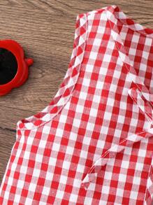 SHEIN 2件套女童格子无袖上衣和短裤套装 - 杏色 - 查看 4