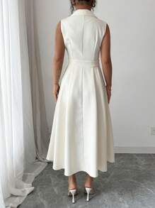 Breezaya V-Neck Pleated Waist Casual Commuter Simple Spring/Summer Dress For Women - White - View 2