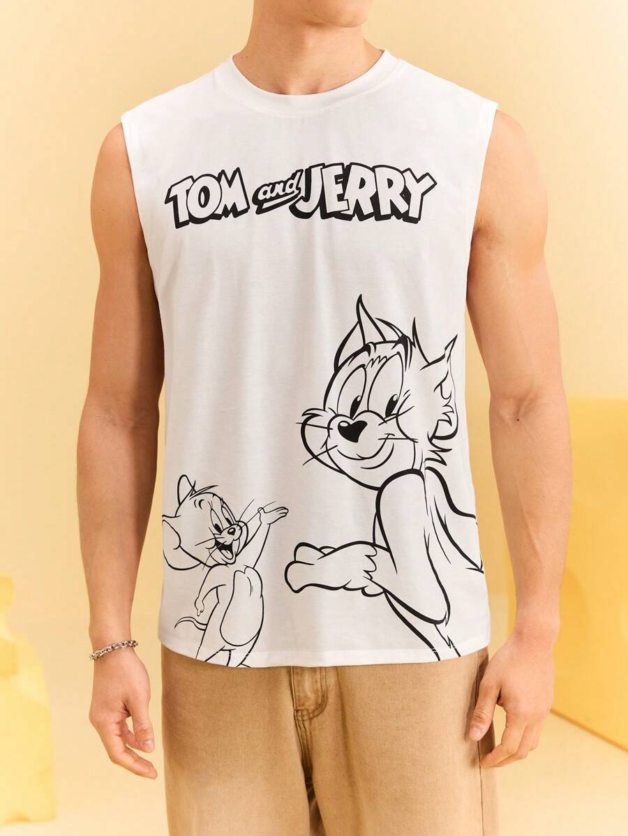 TOM & JERRY X SHEIN Men's Summer Casual Mouse & Cat Print Round Neck Tank Top