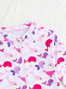 2025 New Young Girls One-Piece Swimsuit With Floral Print, Long Sleeve Zip-Up One Piece Swimsuit For Beach & Resort Vacation Children Beach Outdoor Wear Kids Swimsuits Long Sleeve Kids Beach Wear Swim Suit For Girls Long Sleeve Beachwear For Kids - Mauve Purple - View 5