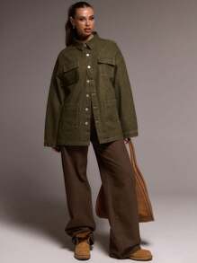 MUSERA Washed Denim Pocket Jacket Summer Casual Cute Y2k Concert - Army Green - View 4