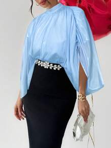 Firerie Women's Elegant Ruched Top And Rhinestone Embellished Skirt Set - Blue - View 3