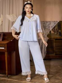 PalaceNights Set de pijamale vintage în stil palat, cu broderie, decolteu în V, mâneci 3/4, cu pantaloni lungi, mărime mare, pentru sezonul de sărbători