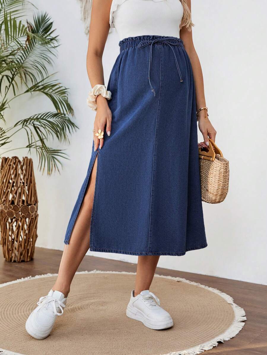 SHEIN Pregnant Women's Summer Casual Blue Denim Loose A-Line Split Skirt - Dark Wash - View 1