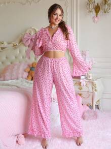 PetitDoll 2件套加大码性感心形印花网眼喇叭袖内衣套装 - 粉色 - 查看 3