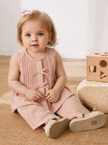Cozy Pixies Baby Girl Bow Decor Crew Neck Sleeveless Top And Elastic Waist Pants 2 Pieces Set - Pink - View 3