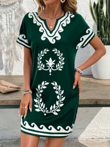 EMERY ROSE Women's Notched Neck All-Over Print Casual Short Sleeve Mini Dress - Green - View 5