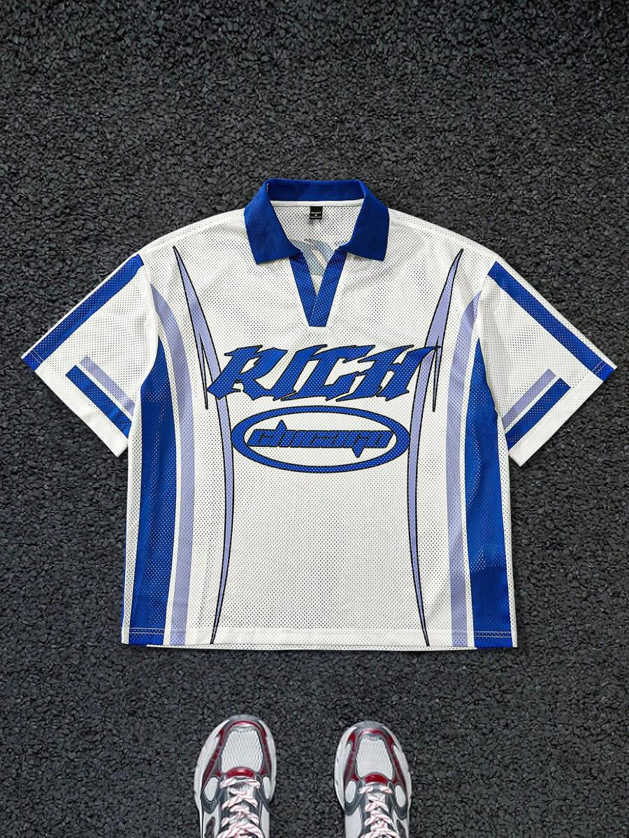 Manfinity EMRG Men's Graphic & Letter Print Color Block Casual Short Sleeve Polo Shirt - Multicolor - View 1