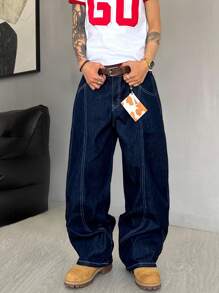 Manfinity Hypemode Pantalones vaqueros de pierna ancha azules con bolsillos y cremallera para hombres