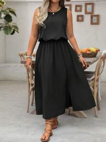 SHEIN LUNE Plus Size LUNE Crew Neck Sleeveless Solid Color Casual Commuting Dress, Waist Cinched, Side Slit, Suitable For Women - Black - View 5