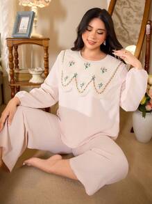 CottageSlumber Plus Size Embroidered Peter Pan Collar Long Sleeve & Long Pants Pajama Set Holiday Season
