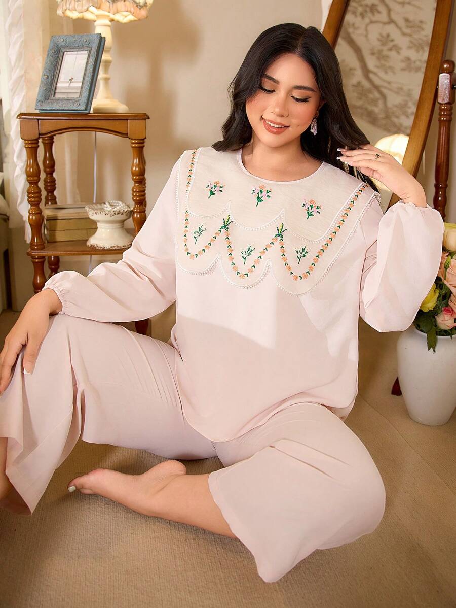 CottageSlumber Plus Size Embroidered Peter Pan Collar Long Sleeve & Long Pants Pajama Set Holiday Season