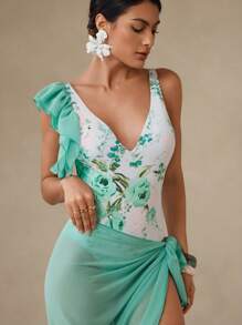 Deep V Neck TUMMY CONTROL One-Piece Swimsuit Set, Summer Vacation Beach Wear