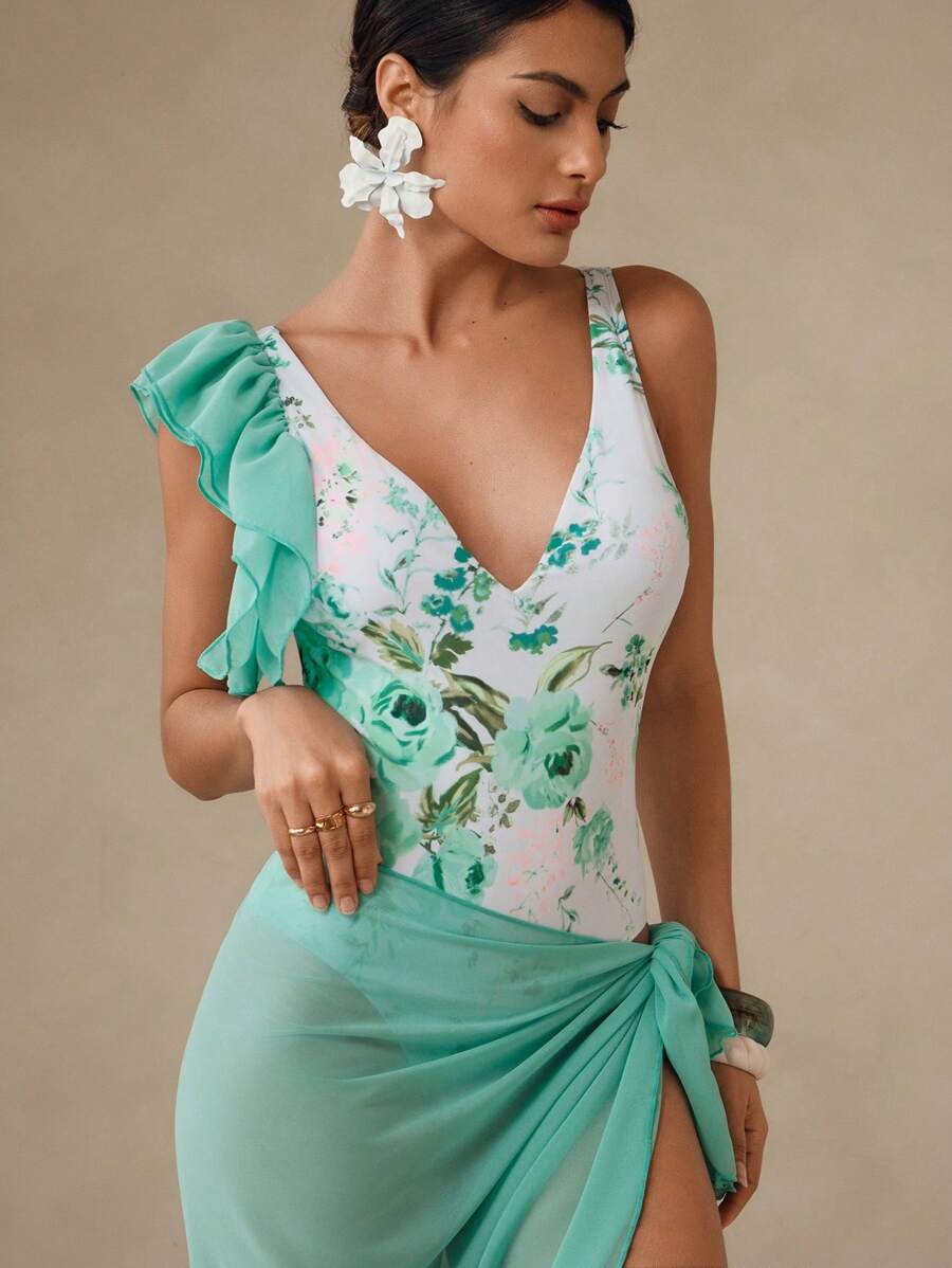 Deep V Neck TUMMY CONTROL One-Piece Swimsuit Set, Summer Vacation Beach Wear