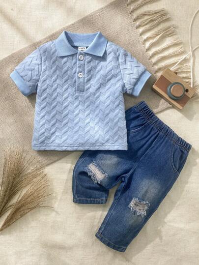 SHEIN Vintaside Kids 男婴休闲几何纹理 Polo 衫，有领和纽扣前襟，蓝色，适合日常户外玩耍、上学、度假，风格优雅，适合家庭休闲、运动和社交场合，男女通用夏季男婴休闲套装 男婴套装 男婴套装 男婴 Polo 衫男婴套装