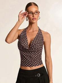 Glamine 海军蓝和白色波尔卡圆点针织优雅性感简约高弹力垂坠领无袖细肩带复古波尔卡圆点印花女式吊带背心 - 棕色 - 查看 5