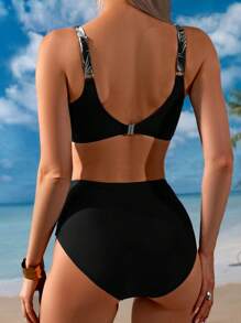 Swim Lushoire Women's Summer Vacation Beach Leaf Print Patchwork Bikini Set - Black and White - View 2