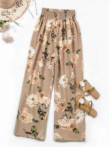 SHEIN Tall Standard Sized Women's Waist Design Flower Print Long Pants - Khaki - View 2
