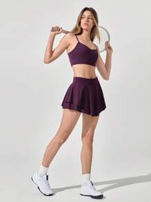 GLOWMODE Váy Skort chống trượt FeatherFit™-Air Ruffle Pocket có quần short tích hợp, hỗ trợ nhẹ, tác động thấp, mặc hàng ngày, nhanh khô, thấm hút ẩm - Cola anh đào - Xem 5