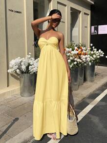 MainGRL 波西米亚风格长款露肩连衣裙，向日葵黄色，春夏 - 黃色 - 查看 6