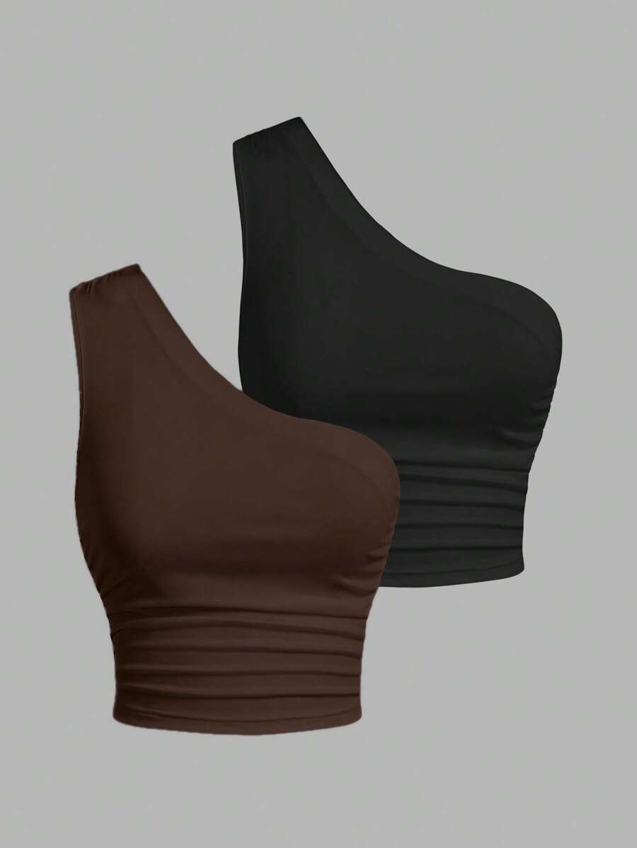 SHEIN EZwear 双色棕色和黑色针织单肩女式衬衫 - 棕色 - 查看 1
