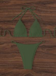 SHEIN Swim Women's Solid Color Halter Tie Sexy Bikini Swimsuit Set For Summer Beach Vacation - Green - View 5