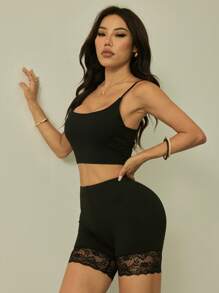 SHEIN PETITE 2pcs Contrast Lace Leggings Set, Summer - Black - View 7