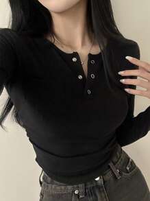 DAZY Women's Solid Color Button Up Ruched Long Sleeve Casual T-Shirt Crop Women Tops - Black - View 5