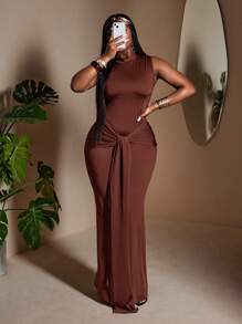 Maweii Women Plus Size Sleeveless Bowknot Shift Dress - Brown - View 1