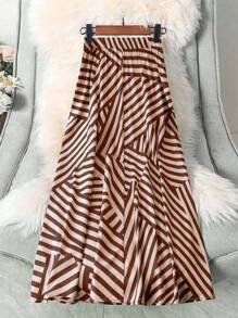 SHEIN LUNE Women's Black & Peach Striped Patchwork Print Comfortable Loose A-Line Skirt, Versatile & Slimming, Spring/Summer - Multicolor - View 2