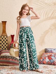SHEIN Leap Crew Tween Girls' Loose Casual Ruffled Leaf Print High Waist Wide Leg Pants, Resort Wear - Green - View 8