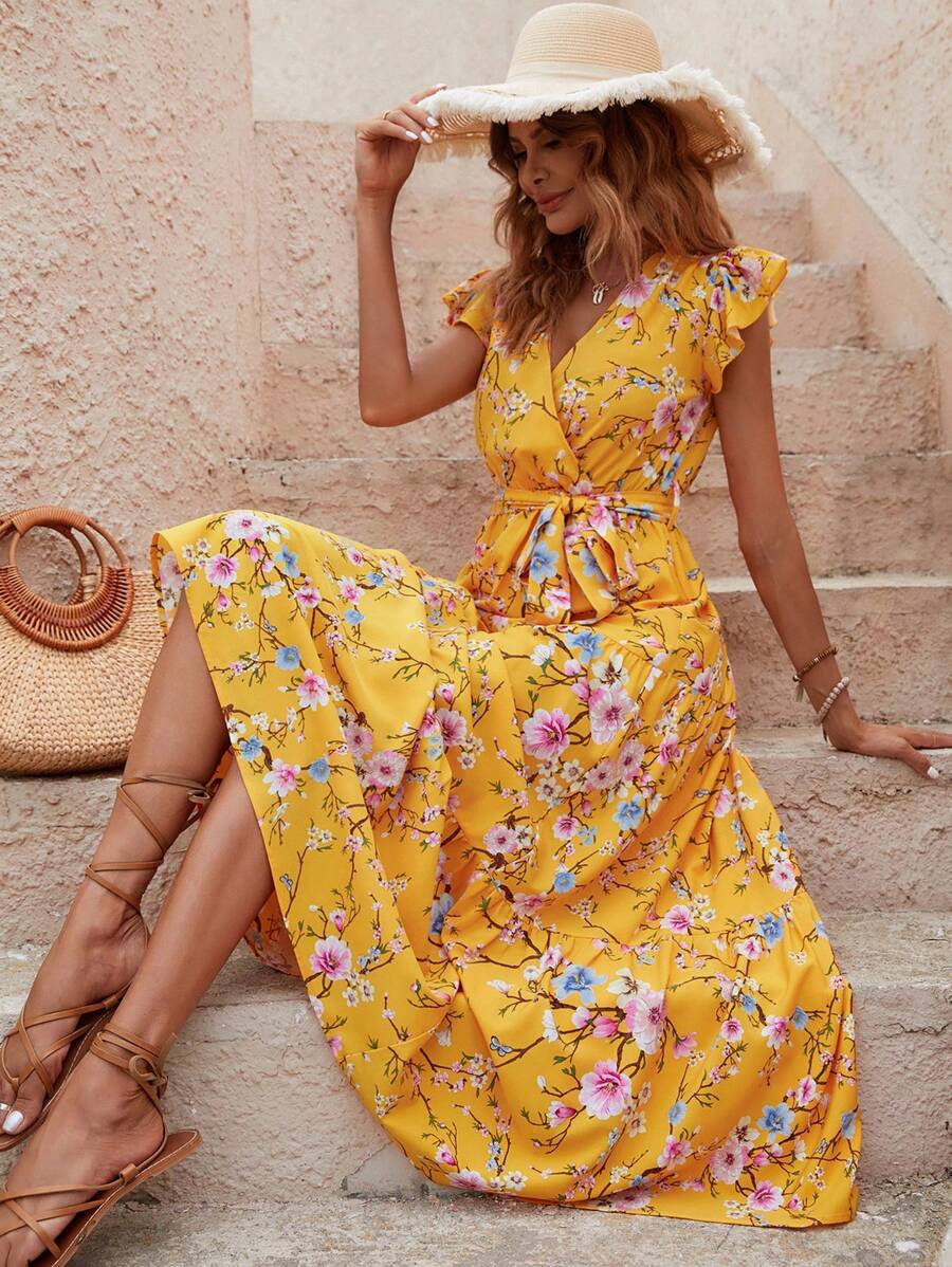 Breezaya 花卉印花蝴蝶袖荷叶边下摆系带连衣裙超长度假海滩装女款 - 黃色 - 查看 1