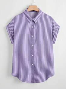 SHEIN LUNE Plus Size Summer Casual Striped Bat Wing Sleeve Shirt,Business Casual Woman - Dusty Purple - View 1