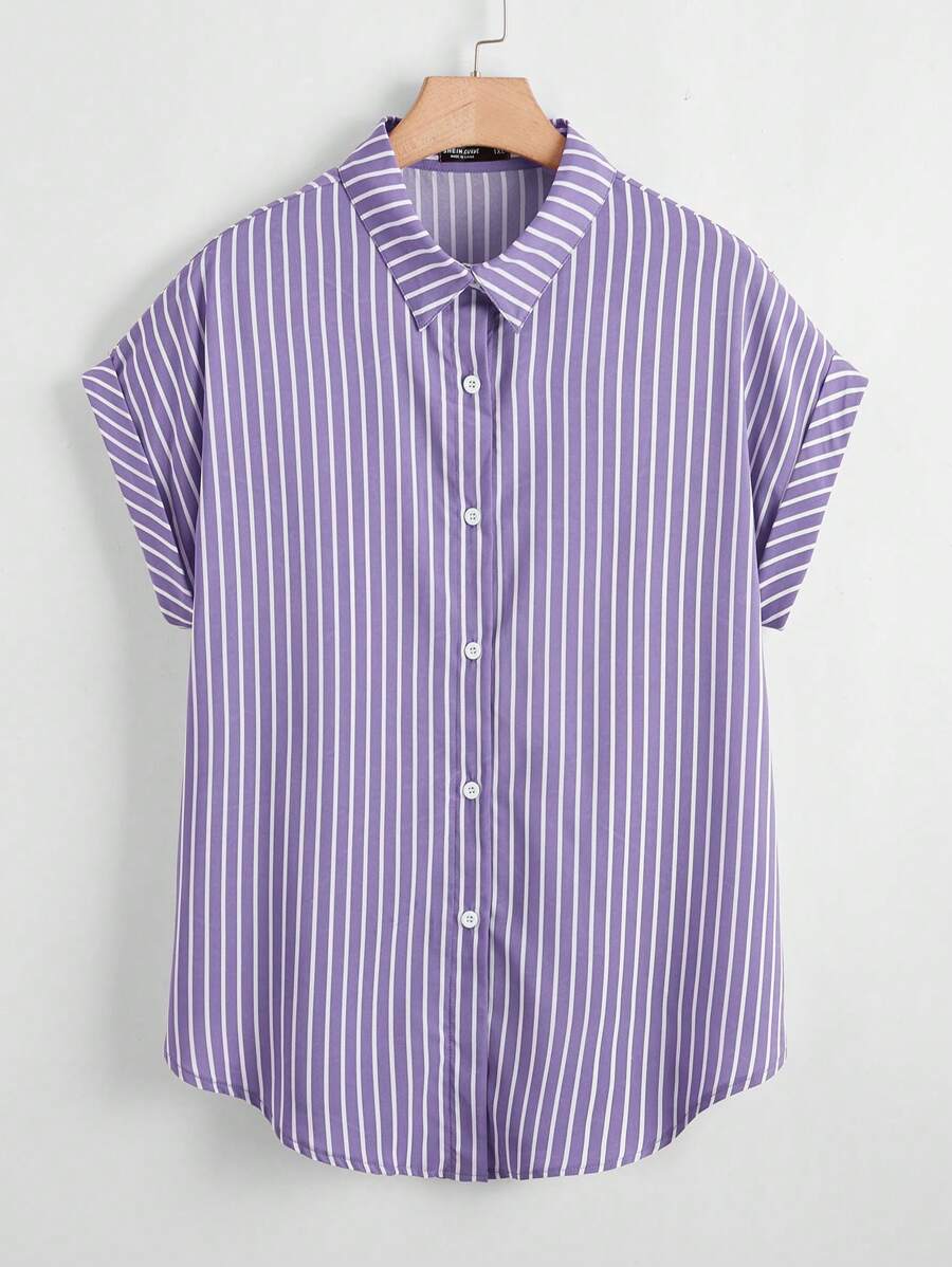 SHEIN LUNE Plus Size Summer Casual Striped Bat Wing Sleeve Shirt,Business Casual Woman - Dusty Purple - View 1