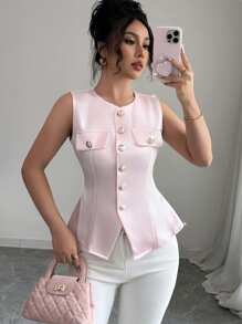 SHEIN Clasi Sleeveless Open-Front V-Neck Satin Vest Blouse Shirt - Pink - View 6