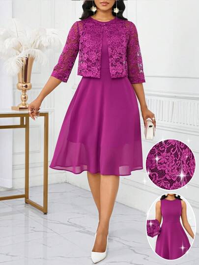 Fleurora 大码女式优雅纯色蕾丝无袖上衣和连衣裙两件套，夏季生日和活动礼服/办公室礼服/教堂礼服/婚纱/节日礼服/