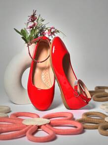 Mini mi Kids' Crystal-Embellished Adjustable Anklet Rounded Toe Red Patent Flats | Comfort Playground To Party Shoes - Red - View 3