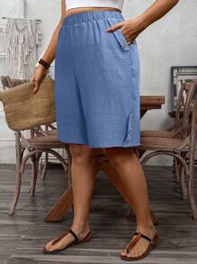 SHEIN LUNE Shorts tipo bermuda de talla grande con botones decorativos y bolsillos, en unicolor, para estilo casual de vacaciones y uso diario, al estilo francés - Azul - Ver 6