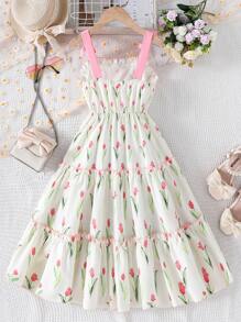 SHEIN Genkimix Kids Tween Girl Floral Print Ruffled Hem Tea Party Camisole Dress Summer Holiday - Apricot - View 2