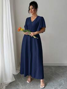 Elenzga 大码女士优雅V领纽扣装饰A字开衩宽喇叭袖长连衣裙，休闲/通勤/度假，波西米亚风格，春夏女士休闲连衣裙，生日工作夏季连衣裙，女装，女士生日 - 藏蓝色 - 查看 6