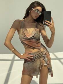 Aloruh Deep V-Neck Hollow Out Metallic Decor Halter High Split Bodycon Mini Dress,All Shades Of Brown,Summer,Boho,Holiday,Vacation,Holiday Party Outfits - Multicolor - View 8