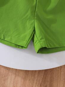 2pcs/Set Young Girls Stylish Colorful Floral Round Neck Short Sleeve T-Shirt And Shorts Set, Spring/Summer - Green - View 6