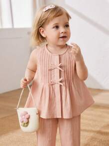 Cozy Pixies Baby Girl Bow Decor Crew Neck Sleeveless Top And Elastic Waist Pants 2 Pieces Set - Pink - View 5