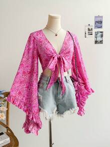 Soleia V-Neck, Ribbon Tie, Bell Sleeve, Print Shirt