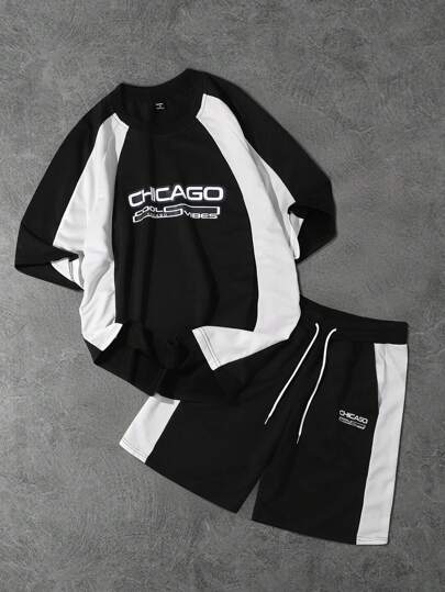 PAVTROS Manfinity Streetrush 2pcs Men's Letter Print Round Neck Short Sleeve Casual T-Shirt And Drawstring Waist Shorts Set