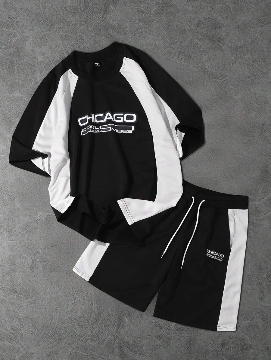 PAVTROS Manfinity Streetrush 2pcs Men's Letter Print Round Neck Short Sleeve Casual T-Shirt And Drawstring Waist Shorts Set