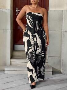 Celure 大码女式两件套热带植物印花抹胸和裤子，休闲假日复古浪漫风格夏季