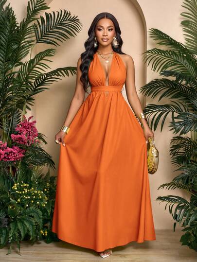 SOLERSUN Women Solid Color Halter V-Neck Vacation Holiday Beach Criss Cross Tie Backless Maxi Dress Vacation Beach Outfits