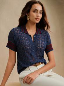 Anewsta 女式撞色条纹 Polo 领镂空针织衬衫 - 彩色 - 查看 3