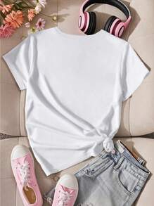Casual Printed Knit Crew Neck T-Shirt For Tween Girls - White - View 2